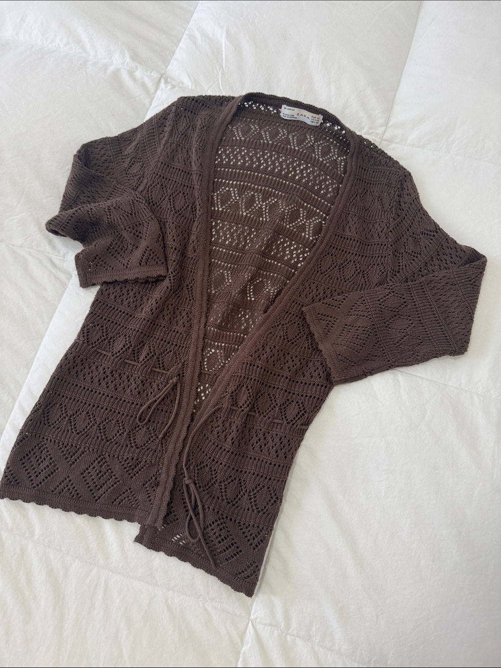 Zara Brown Openwork Tie-Front Crochet Cardigan